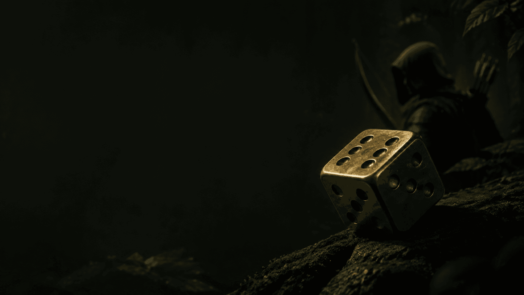 A brass die in a dark forest